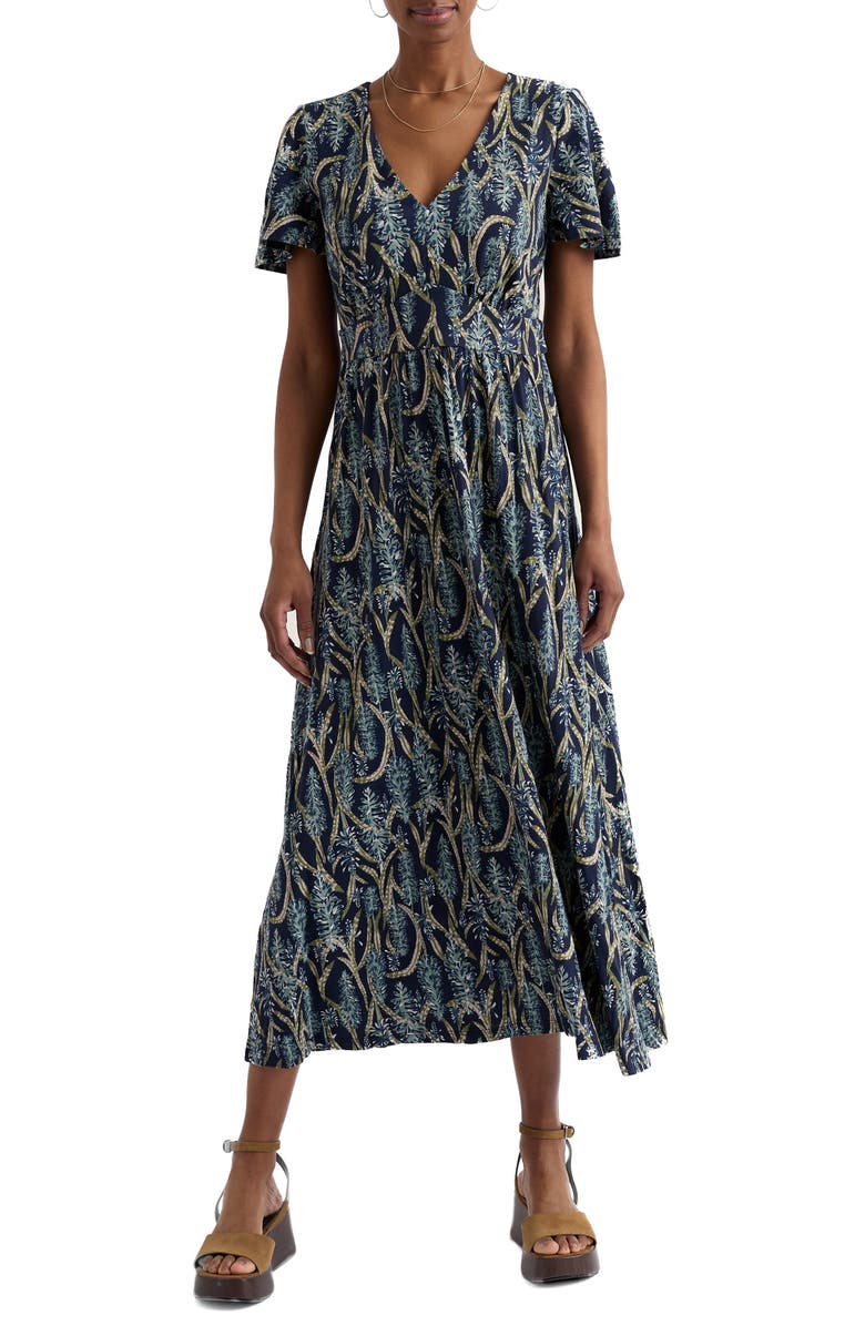 Seasalt Cornwall Chateaux Floral Organic Cotton Midi Dress, Main, color, Red Hot Poker Maritime
