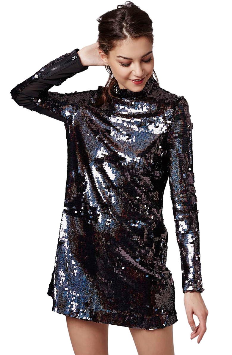 Topshop Sequin High Neck Dress, Alternate, color,