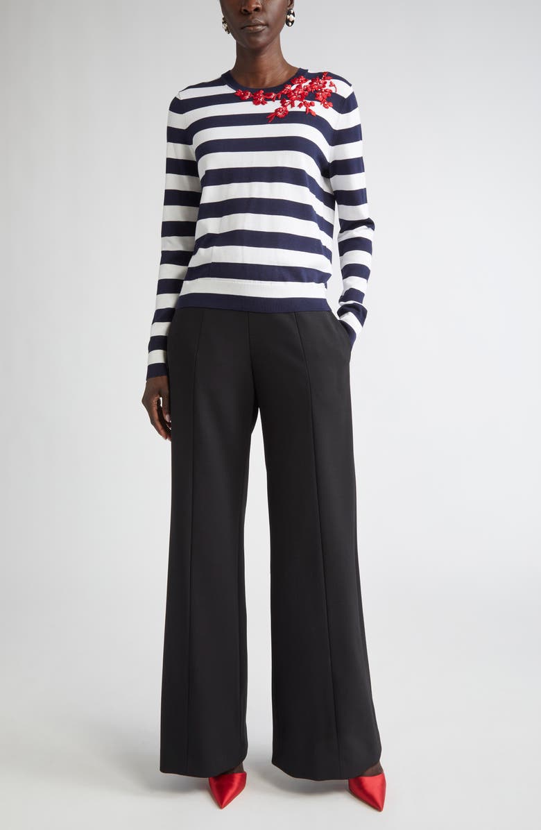 Carolina Herrera Floral Embroidered Stripe Silk & Cotton Sweater, Alternate, color, Ivory Multi