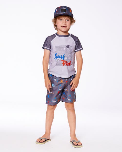 Deux Par Deux Little Boy's Printed Boardshorts Orange, Red, And Blue Sharks On Gray In Orange Red And Blue Sharks