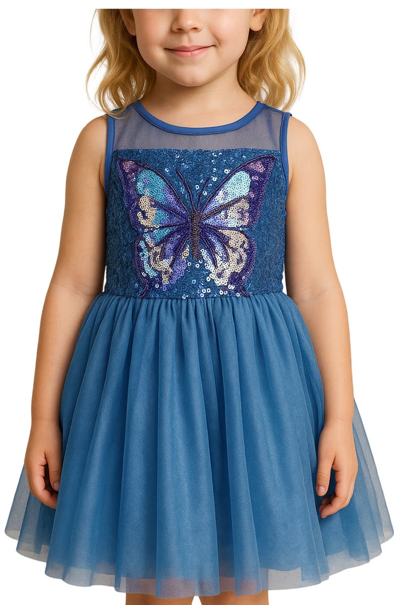 Zunie Kids' Sequin Butterfly Mesh Party Dress, Alternate, color, Blue