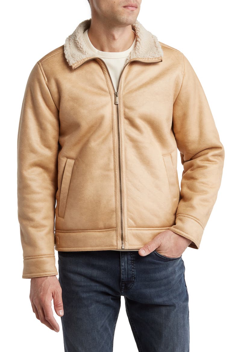 Faux Shearling Lined Leather Aviator Jacket, Main, color, VINTAGE PINE