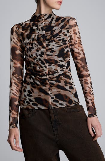 Kenneth Cole Long Sleeve Animal Printed Center Front Turtleneck Knit Ruched Top In Multi