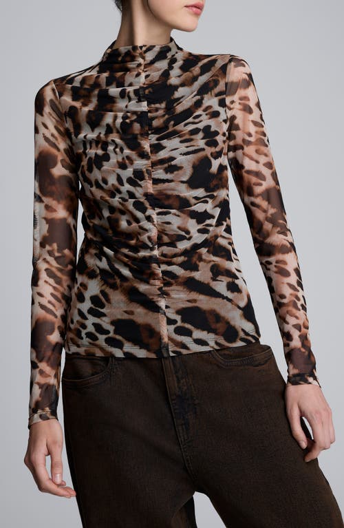 Kenneth Cole Long Sleeve Animal Printed Center Front Turtleneck Knit Ruched Top In Brown