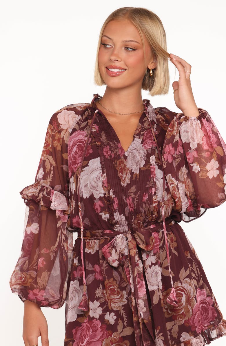 Petal & Pup Delaney Floral Print Ruffle Chiffon Romper, Alternate, color, Brandy Bloom