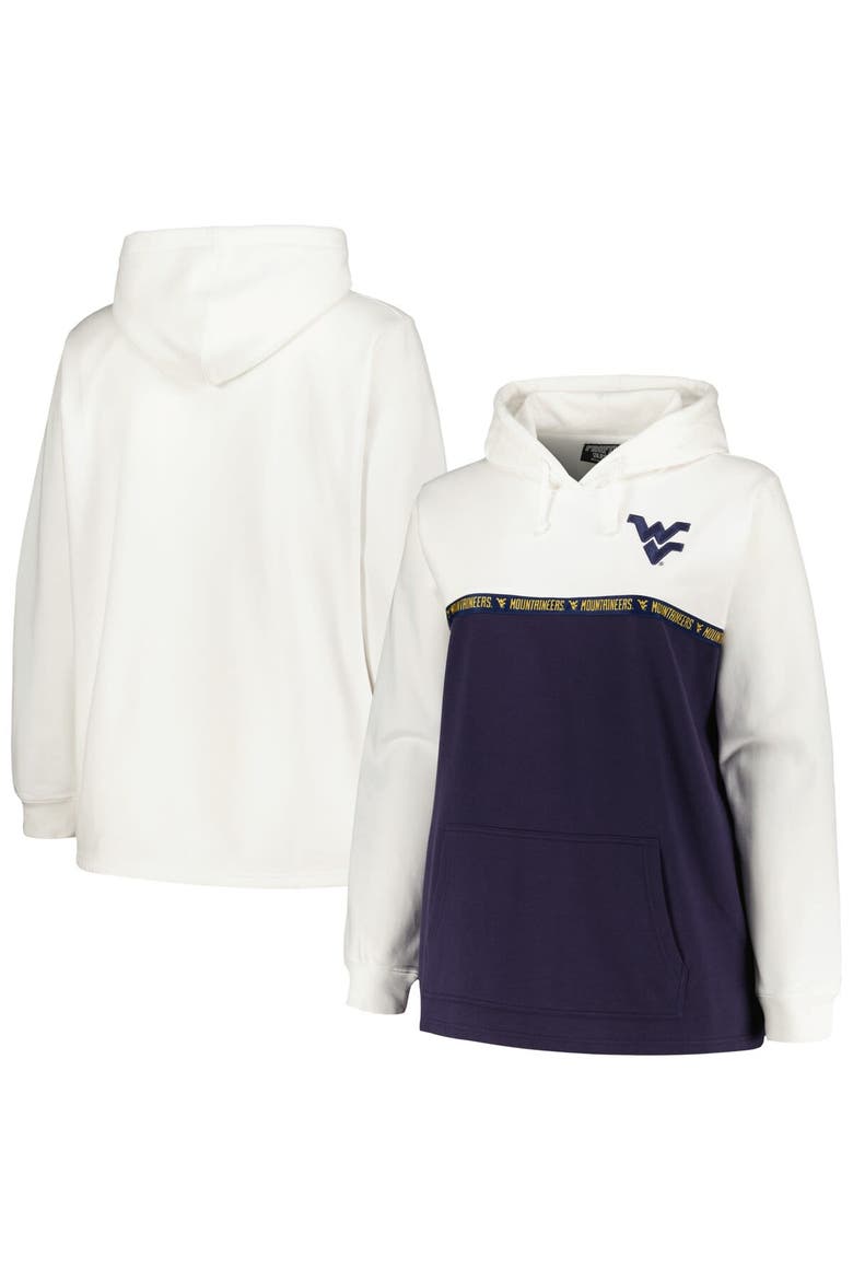 Women's Profile White/Navy West Virginia Mountaineers Plus Size Taping Pullover Hoodie, Alternate, color, White