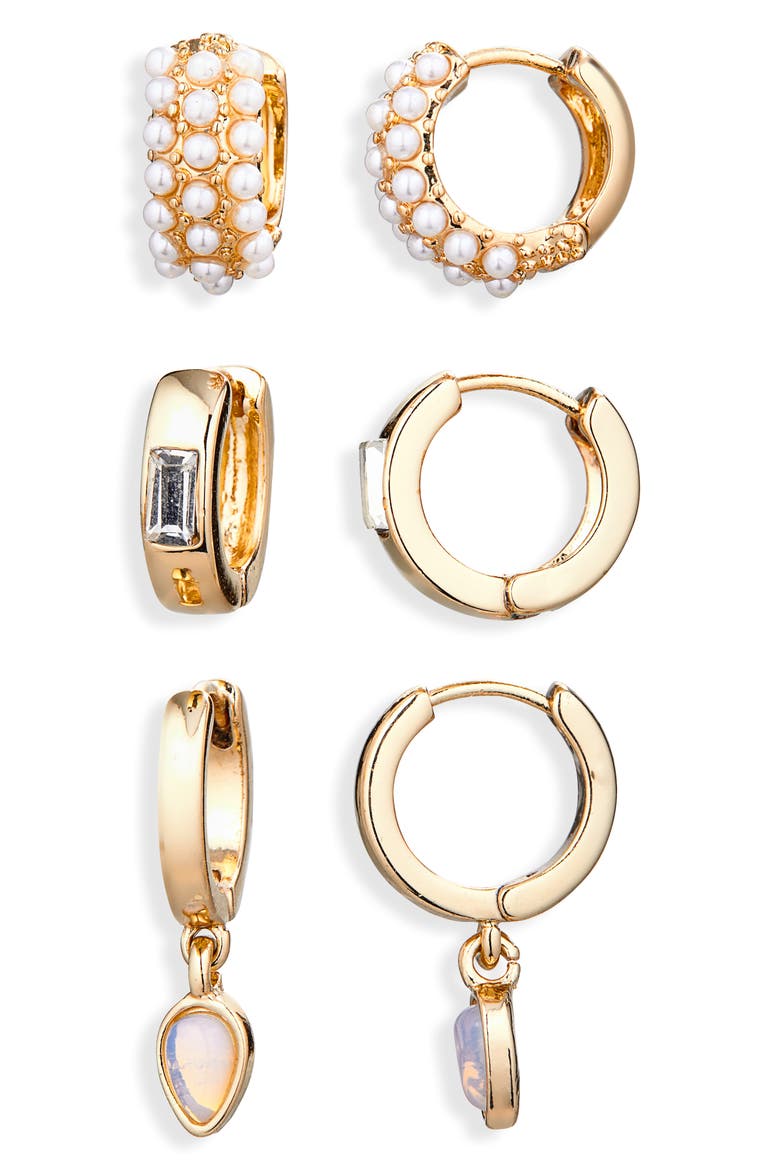 Set of 3 Assorted Hoop Earrings, Main, color, CLEAR- GOLD