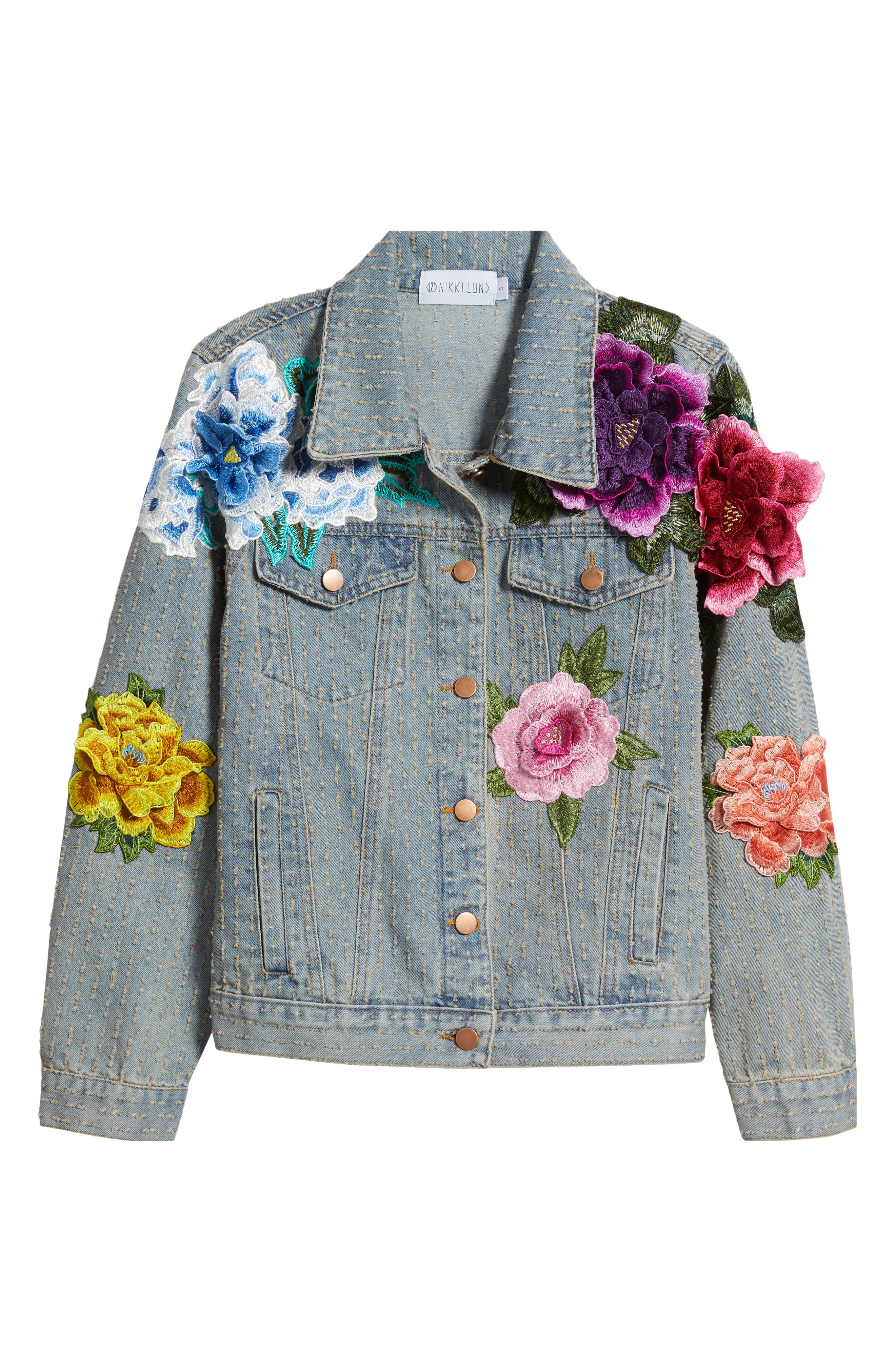 Blossom Embroidered Floral Applique Denim Trucker Jacket - image 2