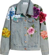 NIKKI LUND Blossom Embroidered Floral Appliqué Denim Trucker Jacket