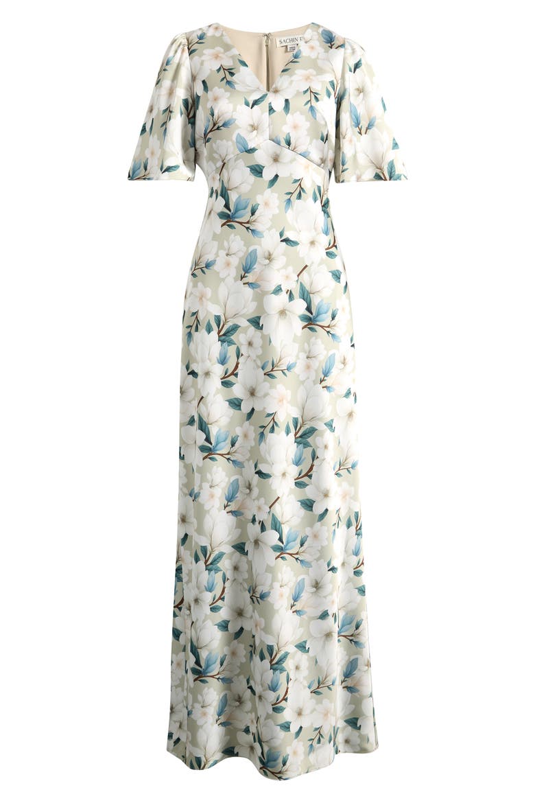 Mae Floral Flutter Sleeve Gown, Alternate, color, CHAMPAGNE MAGNOLIA