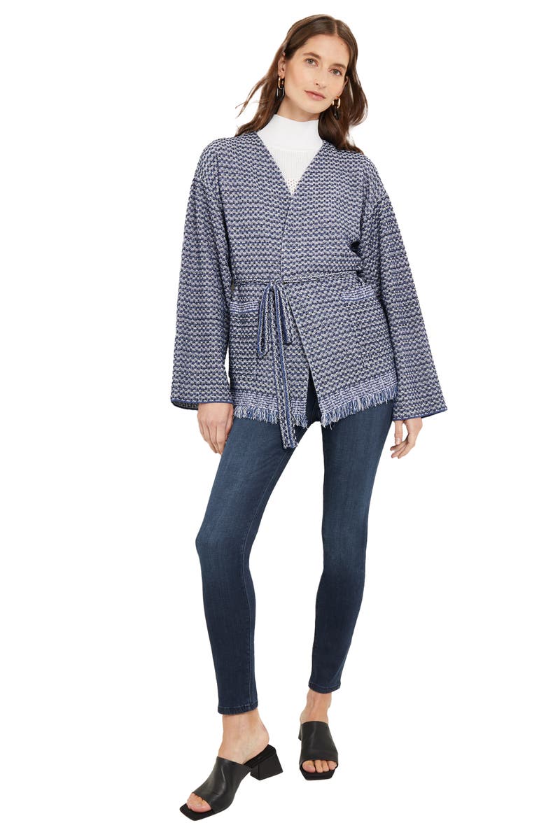 Misook Fringe Tie Waist Cardigan, Alternate, color, Oceanic/White/Black