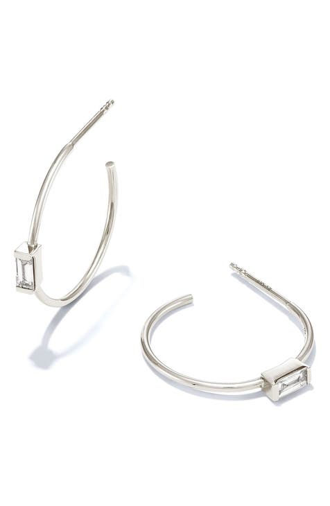 14K White Gold Diamond Baguette Hoop Earrings - 0.19ctw