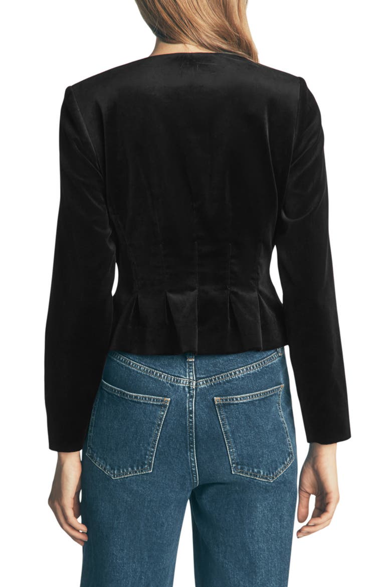 Crystal Button Stretch Velvet Waisted Jacket, Alternate, color, BLACK