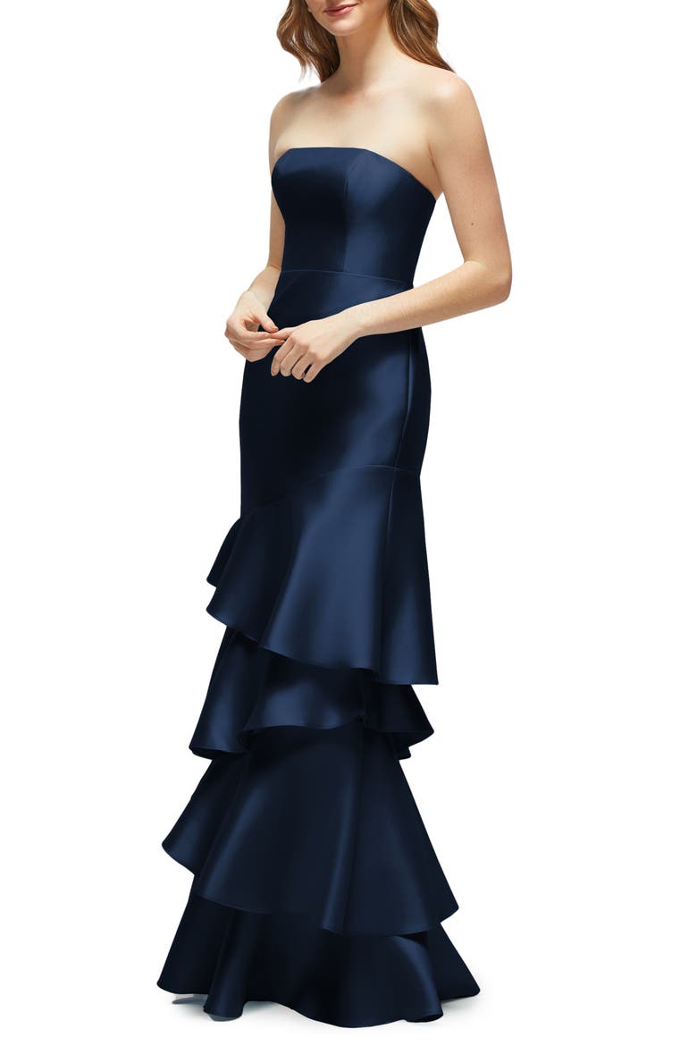 Ruffle Strapless Tiered Satin Twill Gown, Alternate, color, MIDNIGHT