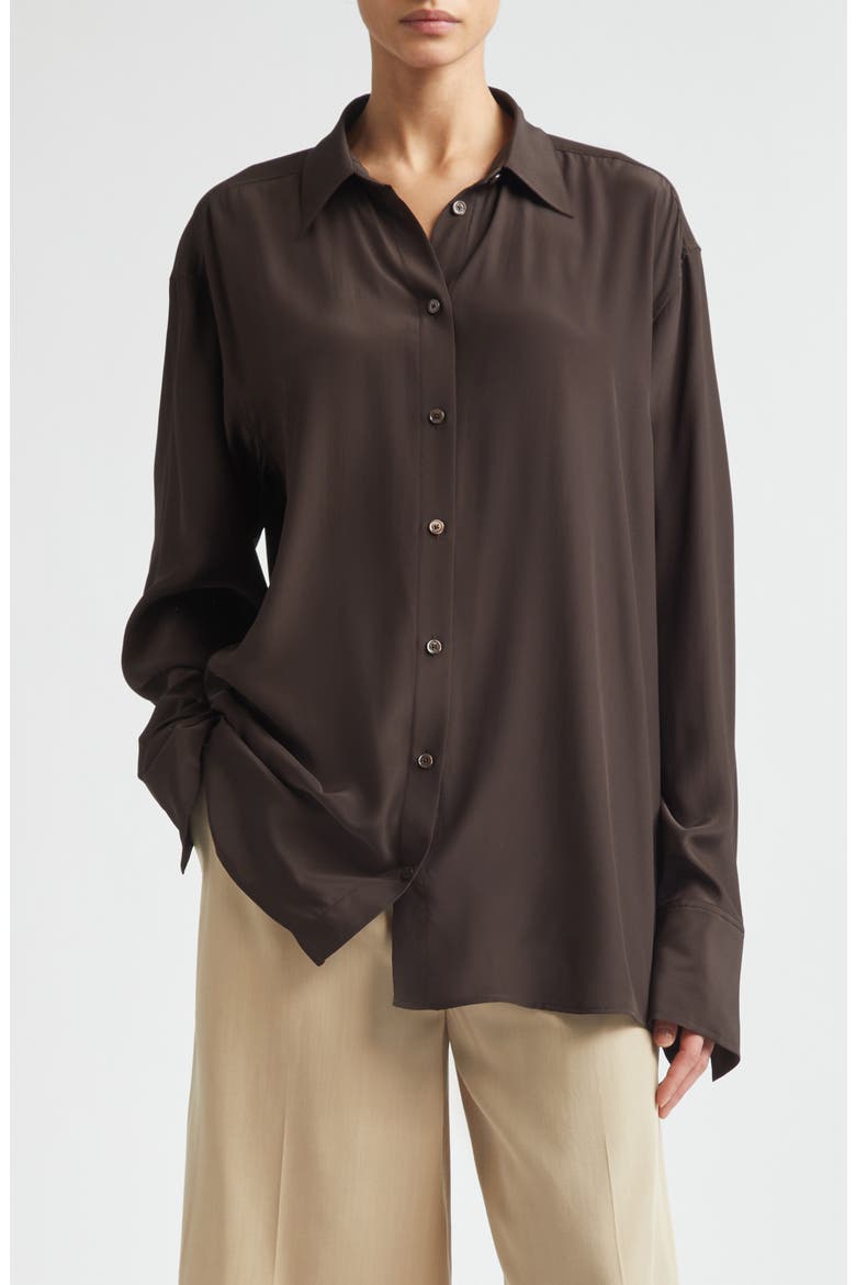 Silk Crepe Button-Up Shirt, Main, color, BROWN