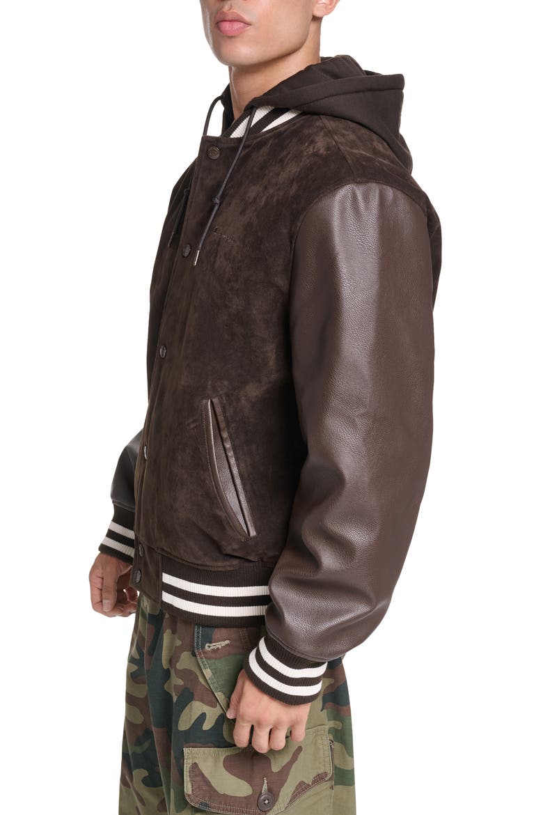 Faux Suede & Faux Leather Varsity Jacket, Alternate, color, BROWN