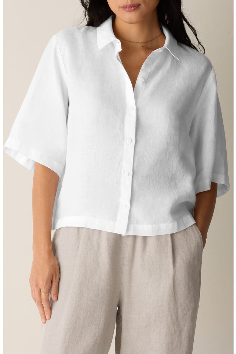 Classic Collar Elbow Sleeve Organic Linen Button-Up Shirt, Main, color, WHITE