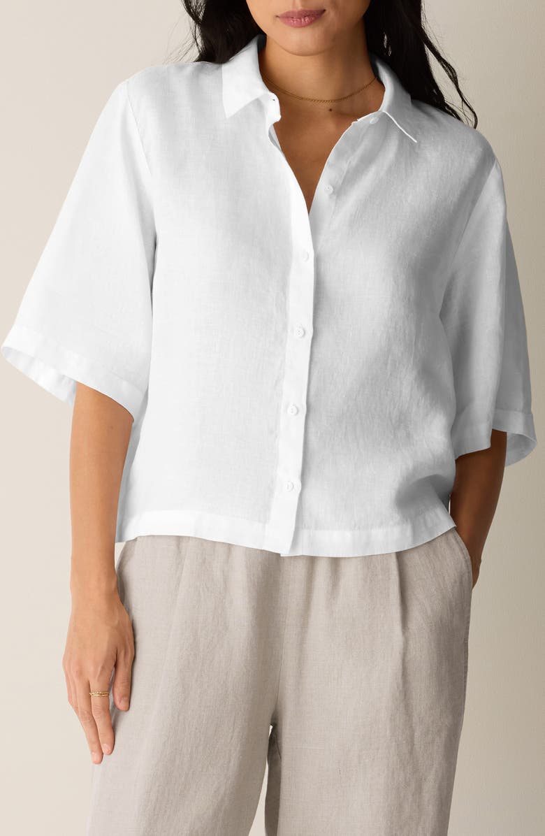Eileen Fisher Classic Collar Elbow Sleeve Organic Linen Button-Up Shirt, Main, color, White