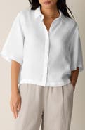Eileen Fisher Classic Collar Elbow Sleeve Organic Linen Button-Up Shirt