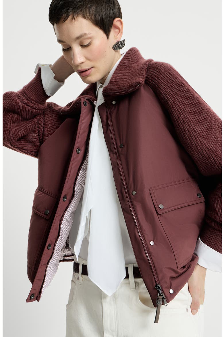 Techno cotton taffeta and virgin wool, cashmere and silk knit down jacket with shiny zipper pull, Alternate, color, Burgundy