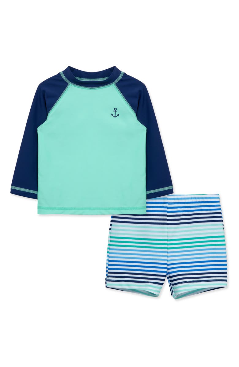 Little Me Anchor UPF 50+ Rashguard & Shorts Set, Main, color, Green