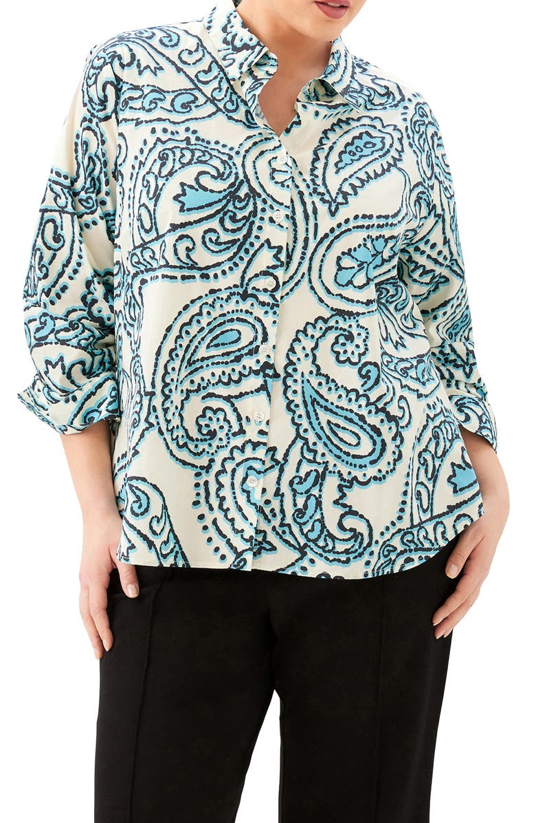 Karen Kane Ruched Sleeve Cotton Button-Up Shirt, Main, color, Print