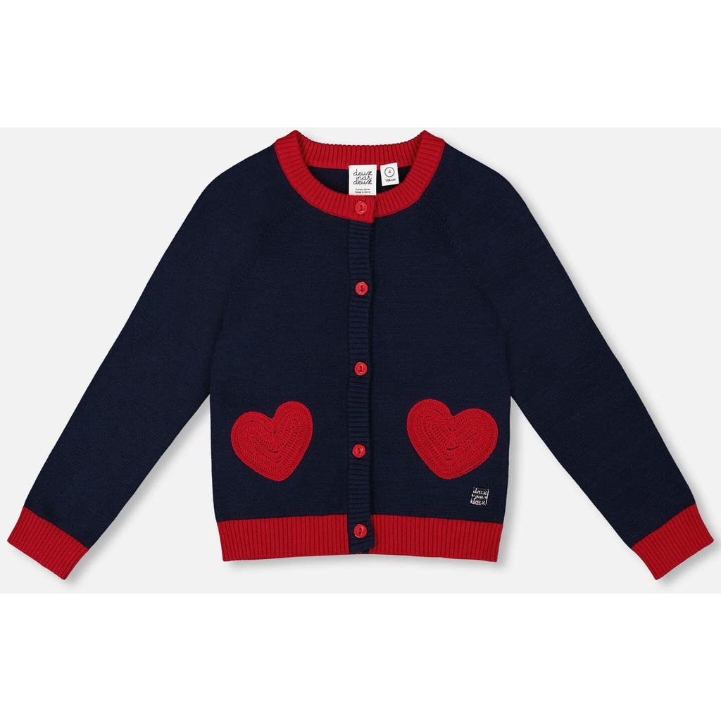 Deux Par Deux Knitted Cardigan With Red Embroidered Hearts In Black