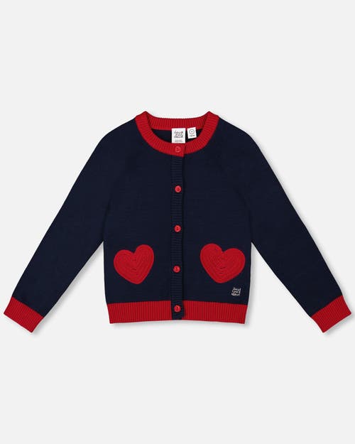 Deux Par Deux Knitted Cardigan With Red Embroidered Hearts In Blue
