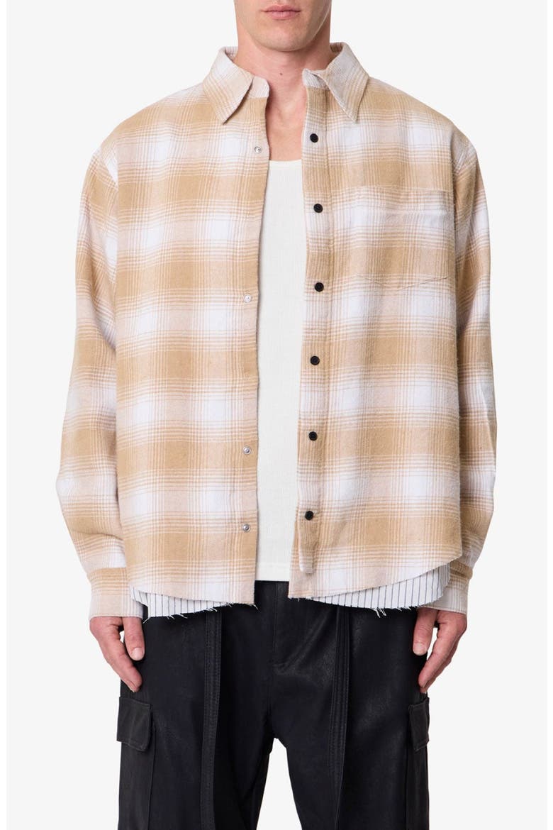 Oversize Plaid Double Layered Cotton Flannel Snap-Up Overshirt, Main, color, TAN
