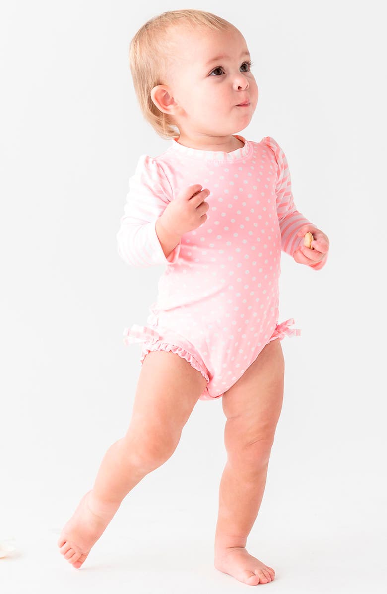 RuffleButts Pink Polka Dot One-Piece Rashguard Swimsuit & Hat Set, Alternate, color, Pink Polka Dot
