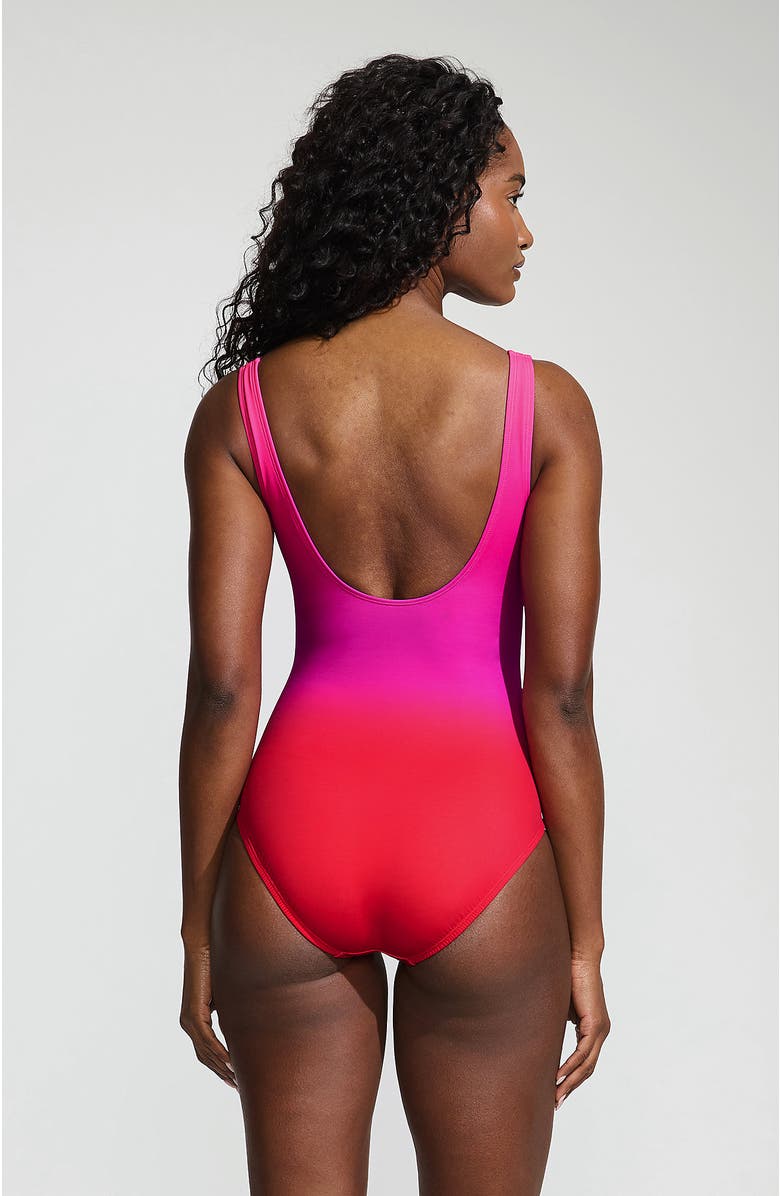 Lands' End D-Cup Slender Tummy Control Chlorine Resistant V-neck Wrap One Piece Swimsuit, Alternate, color, Pink Multi Ombre