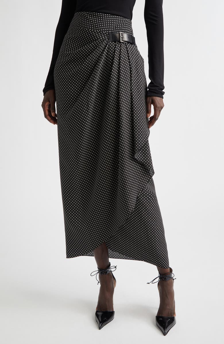 TOM FORD Polka Dot Silk Sable Faux Wrap Skirt, Main, color, Black/ Off White