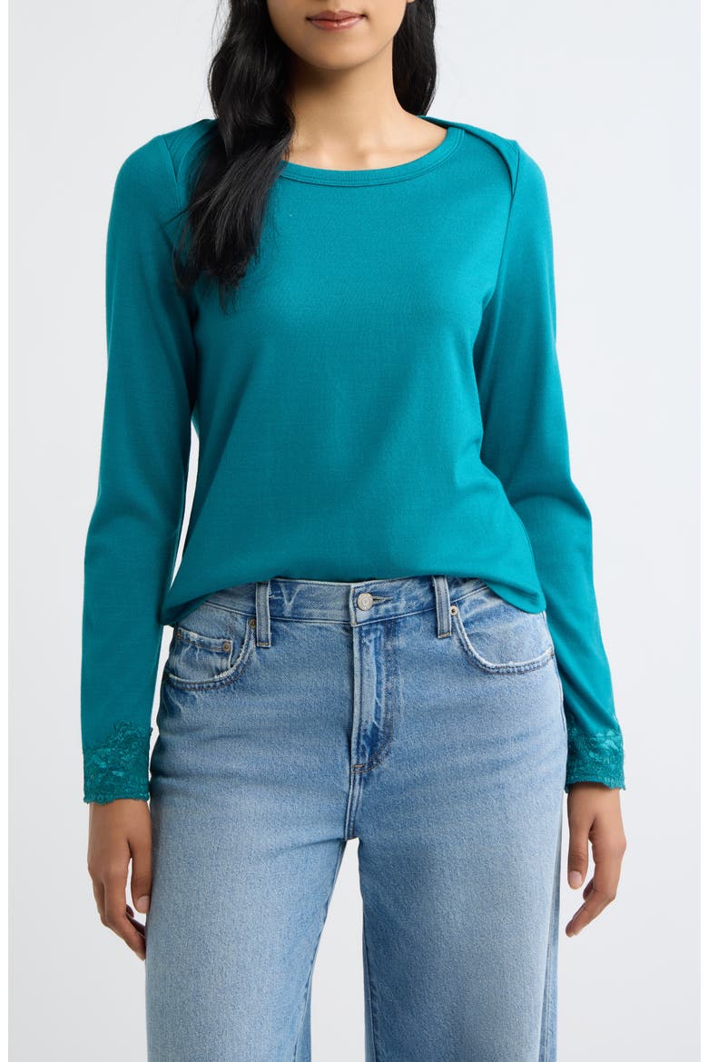 Lace Cuff Knit Top, Main, color, TEAL