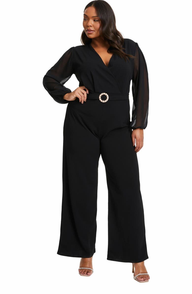 QUIZ Plus Size Buckle Detail Chiffon Sleeve Palazzo Jumpsuit, Main, color, Black