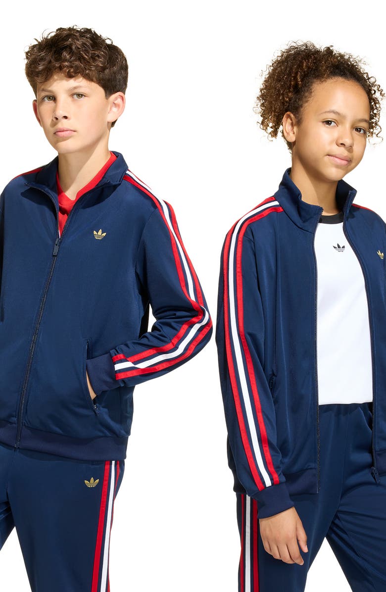 adidas Originals Kids' Firebird Recycled Polyester Track Jacket, Alternate, color, Night Indigo/Dark Football Gold