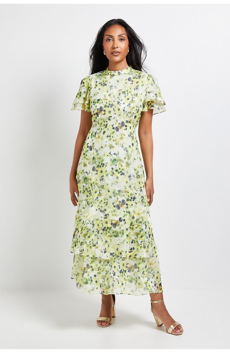 Wallis Petite Floral Burn Out Ruffle Midi Dress, Main, color, Yellow