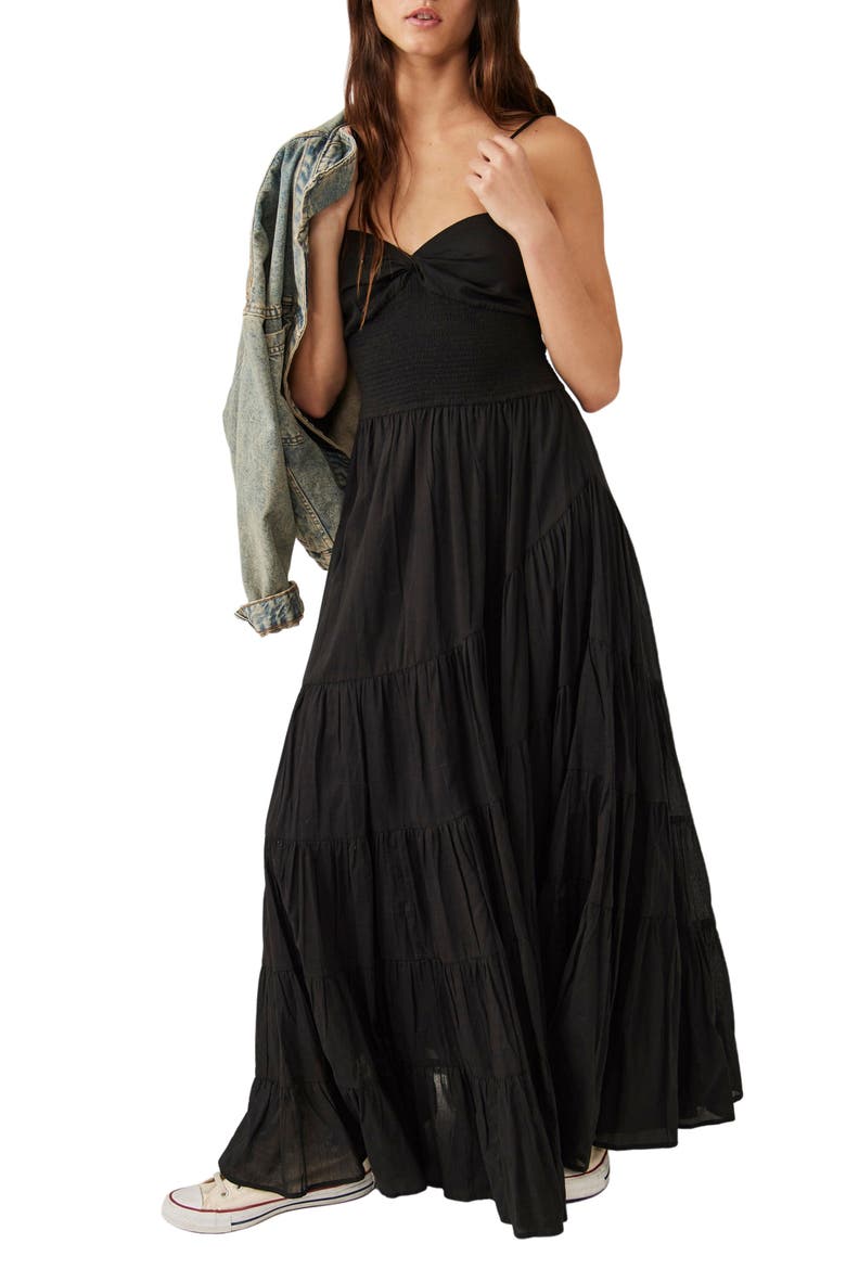 Sundrenched Smocked Waist Tiered Cotton Maxi Dress, Main, color, BLACK