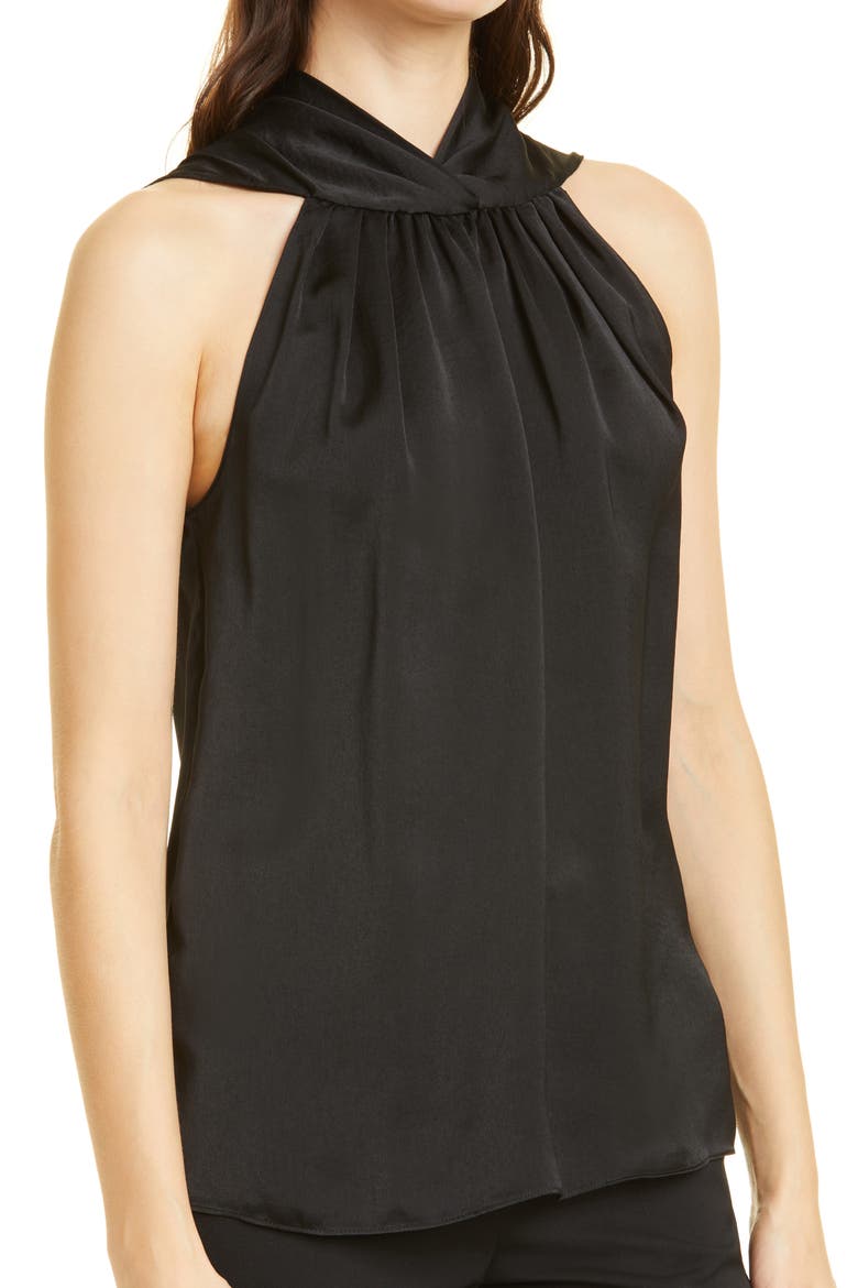 Deanne Hammered Satin Halter Neck Blouse, Alternate, color, BLACK