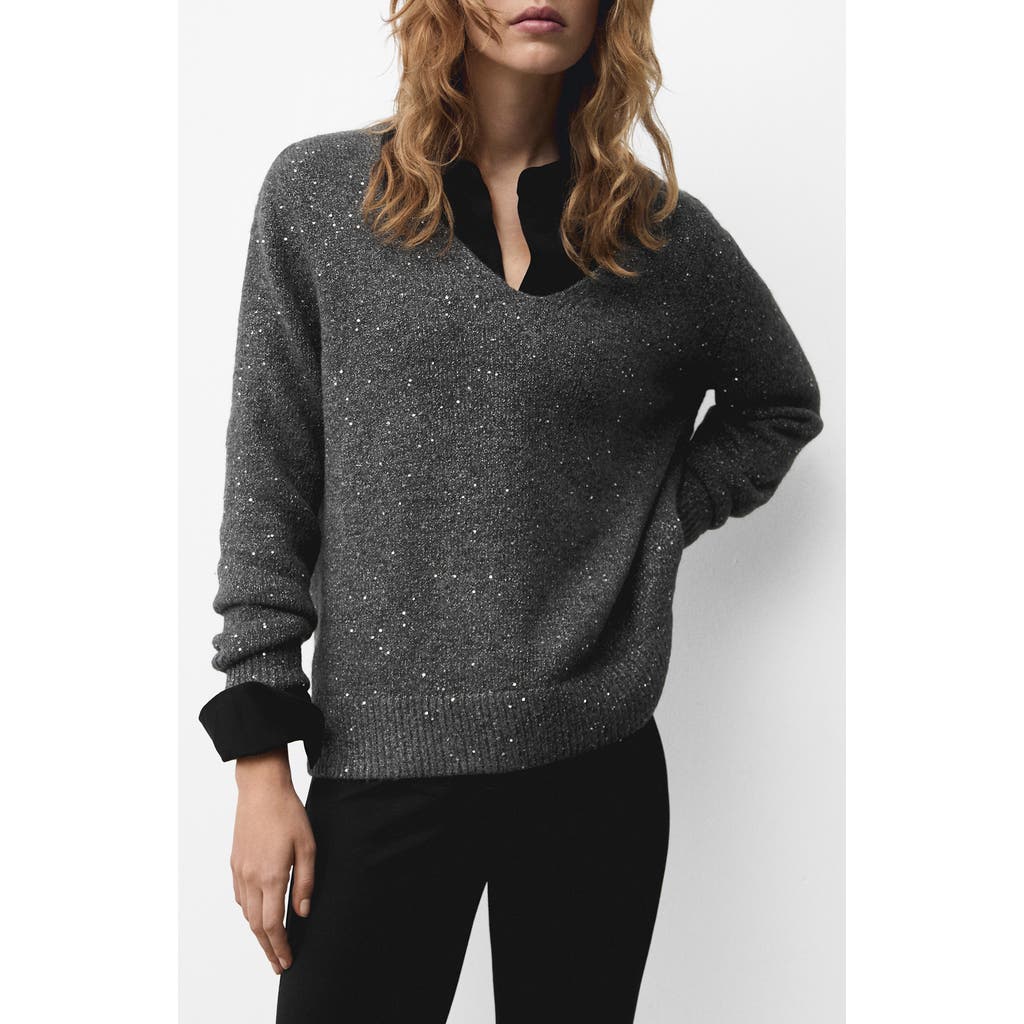 Mango V-neck Sequin Sweater Charcoal In Charcoal