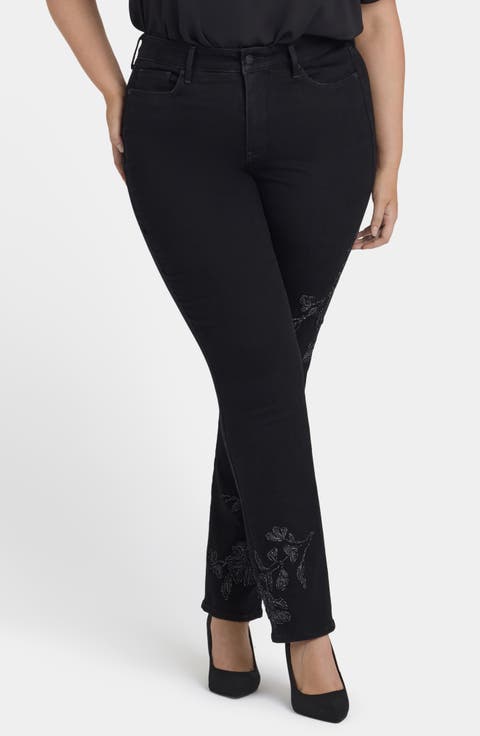 Marilyn High Waist Embroidered Straight Leg (Black Rinse) (Plus)