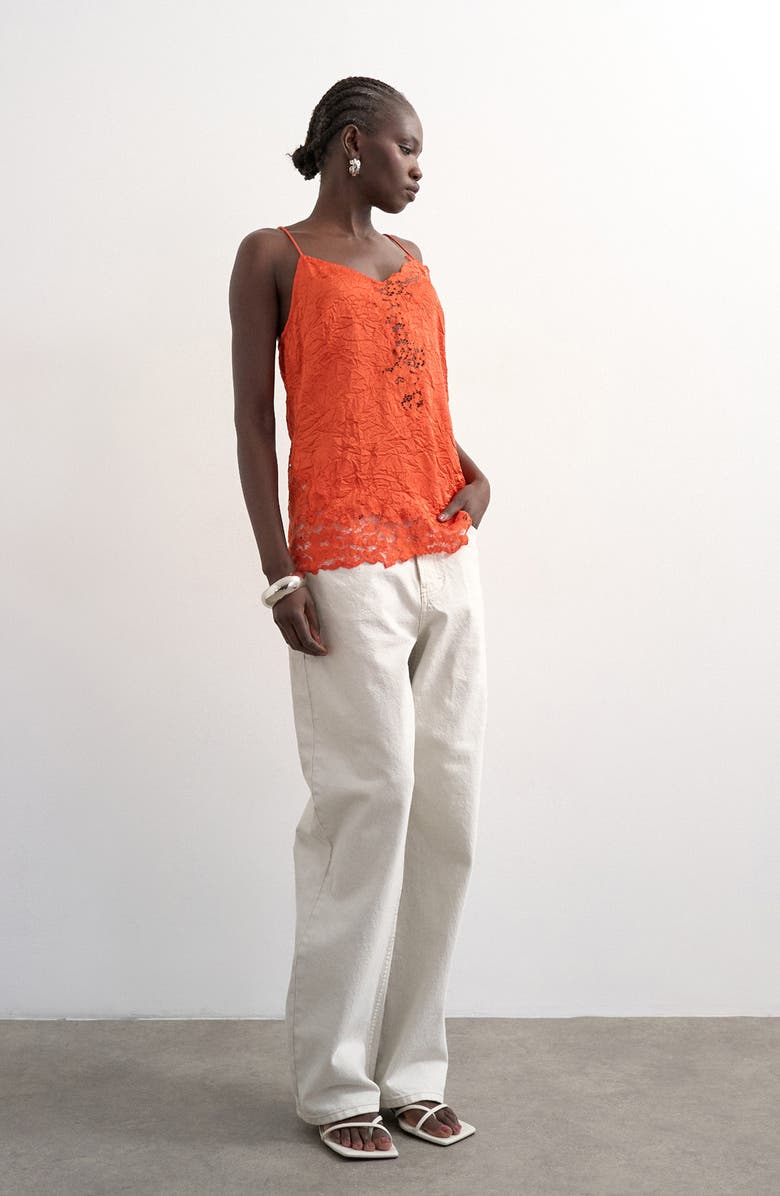 Topshop Floral Lace Crinkle Satin Top, Alternate, color, Copper