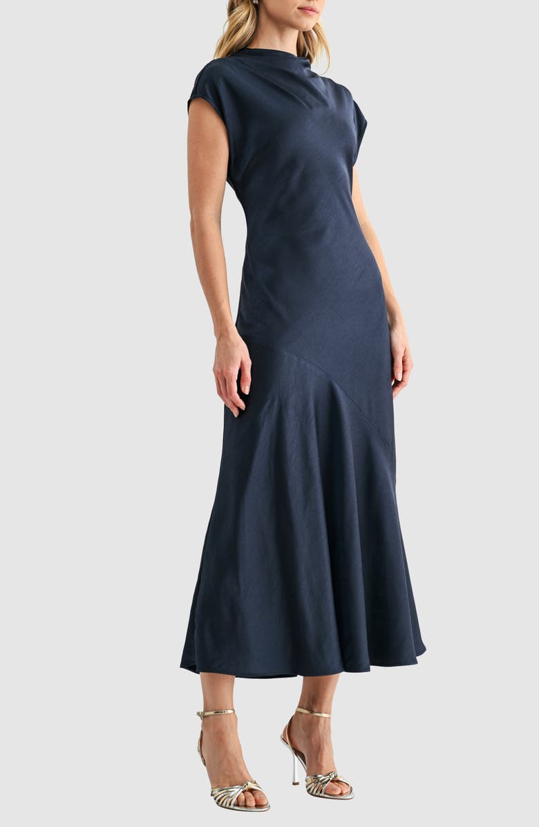 Mila Mae Short Sleeve Asymmetric Hem Satin Maxi Dress, Alternate, color, Dark Navy