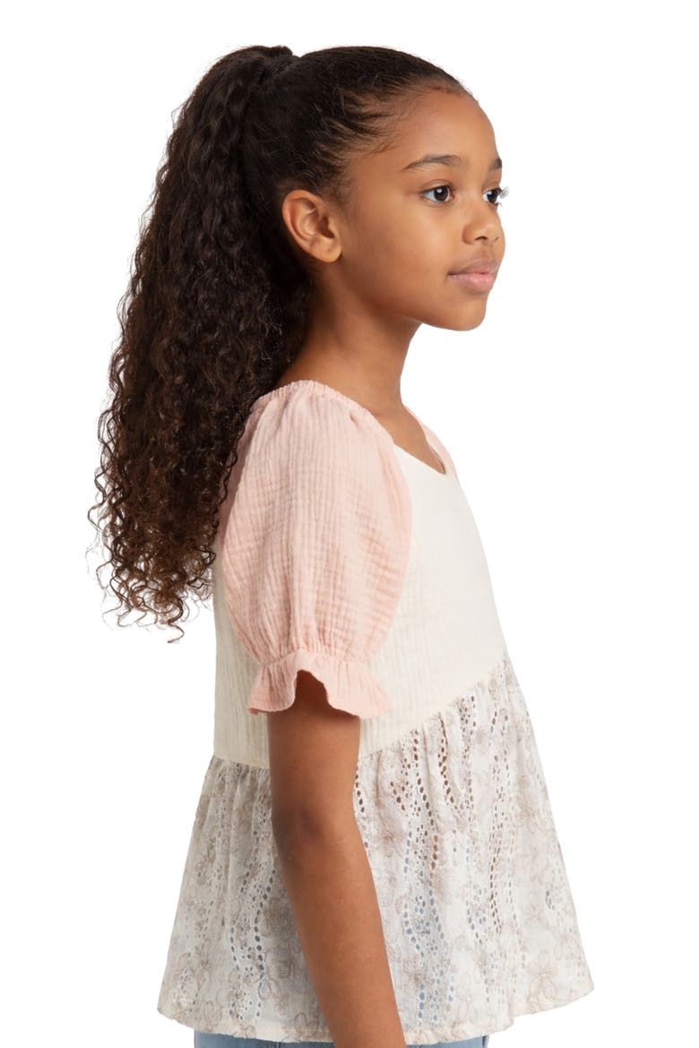 Kids' Colorblock Eyelet Puff Sleeve Top, Alternate, color, CREAM