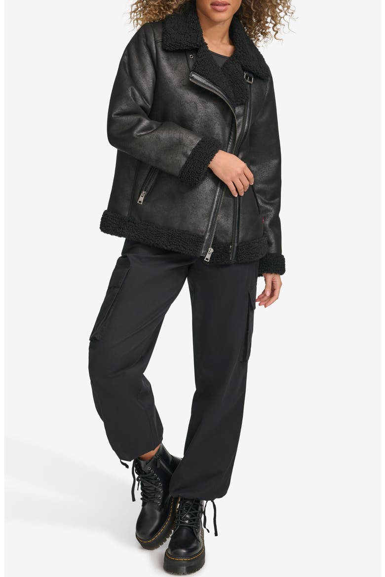 Faux Shearling Lined Faux Leather Moto Jacket, Alternate, color, BLACK
