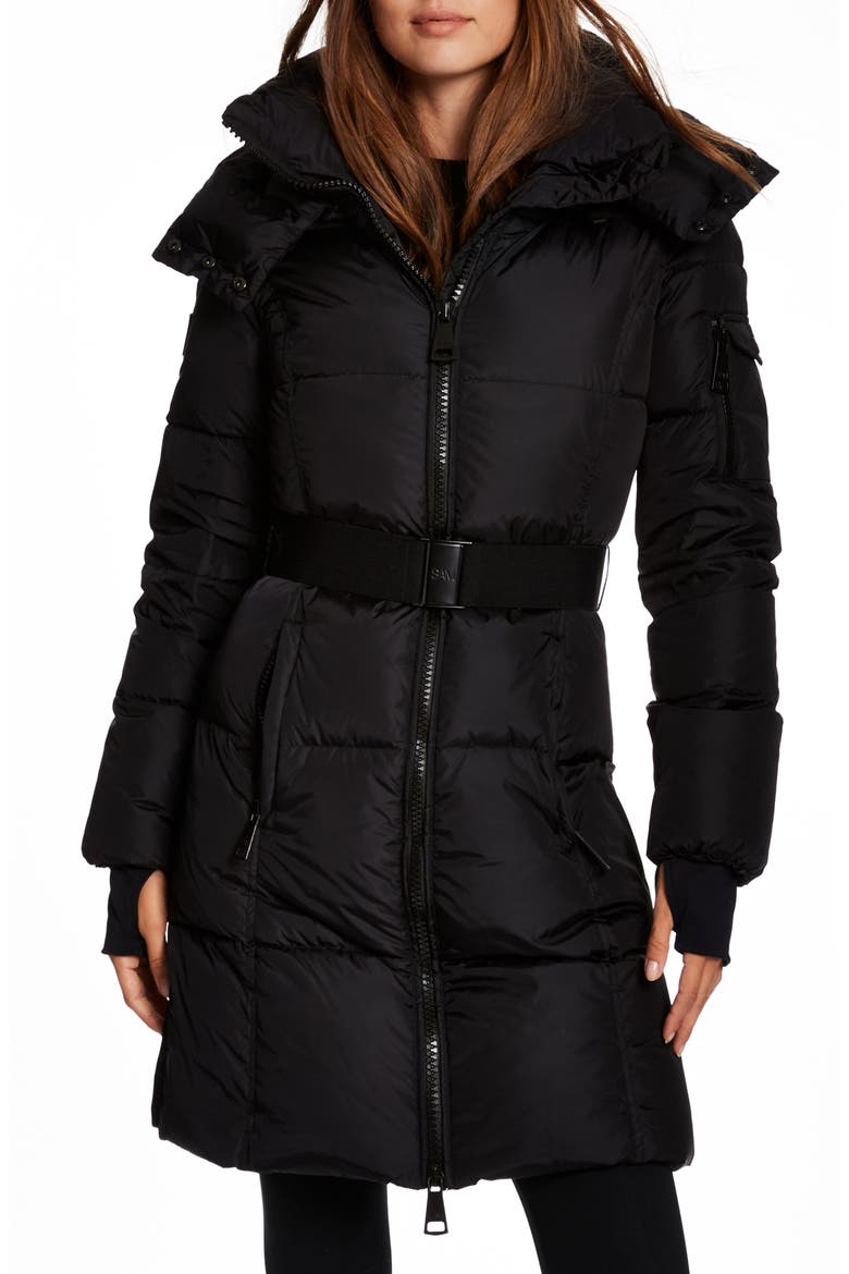 Noho Belted Down Puffer Coat with Removable Hood, Main, color, MATTE BLACK