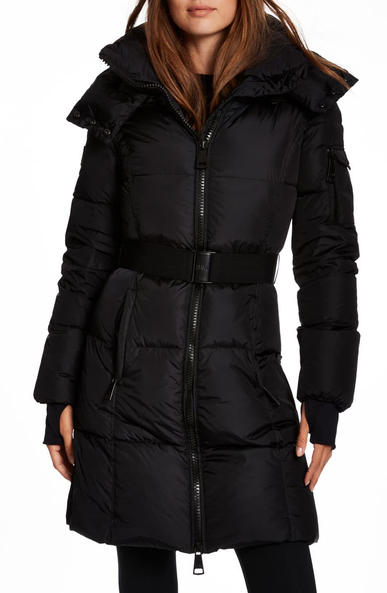 SAM. Noho Belted Down Puffer Coat with Removable Hood, Main, color, Matte Black