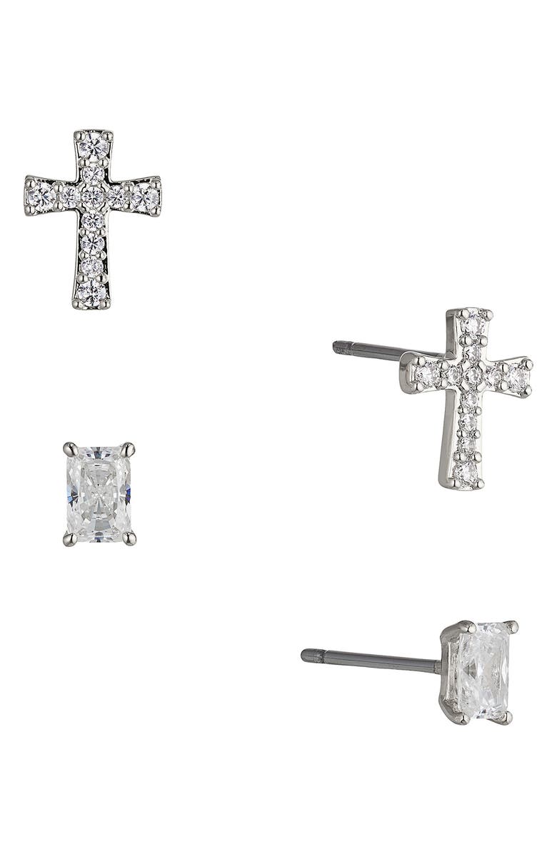 Nadri Cross & Baguette Cut Stud Earrings Set, Main, color, Rhodium