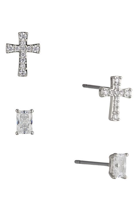 Cross & Baguette Cut Stud Earrings Set