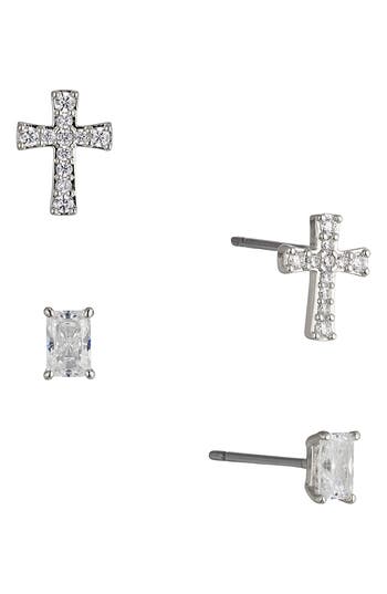 Nadri Cross & Baguette Cut Stud Earrings Set In Silver