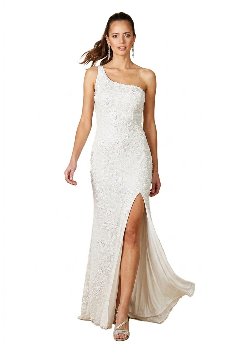 Fleur One Shoulder Floral Beaded Wedding Gown, Alternate, color, Ivory